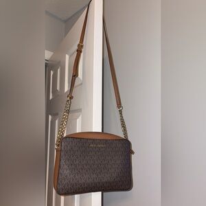 Michael Kors Brown Monogram Crossbody Bag with Gold Chain